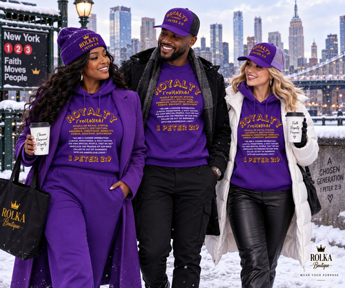 People wearing ROLKA Royalty Collection purple crewneck and hoodie apparel in a snowy New York setting