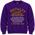 ROLKA Royalty Collection rich purple crewneck sweatshirt with gold and white 1 Peter 2:9 design