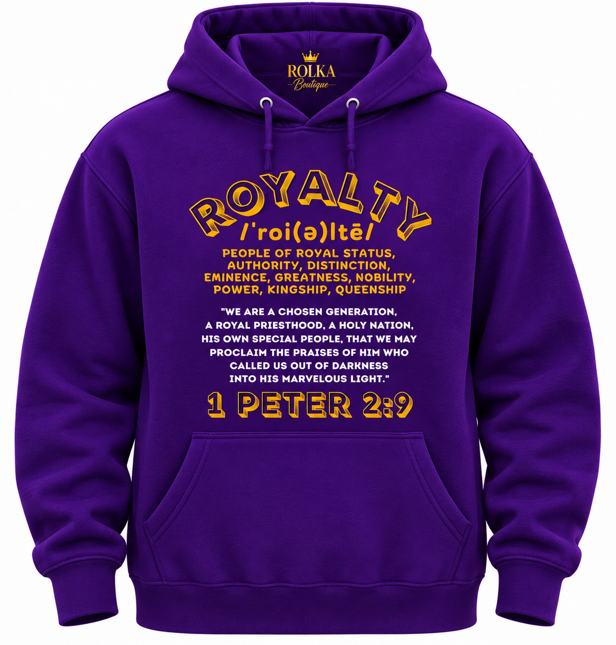 ROLKA Royalty Collection rich purple Heavy Blend hoodie with 1 Peter 2:9 design