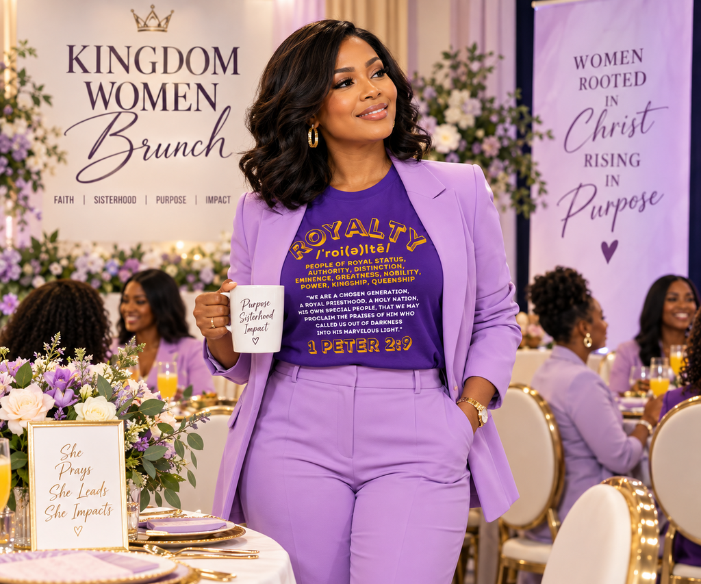 Woman wearing the ROLKA Royalty Collection purple T-shirt with a lavender suit at a Kingdom Women brunch