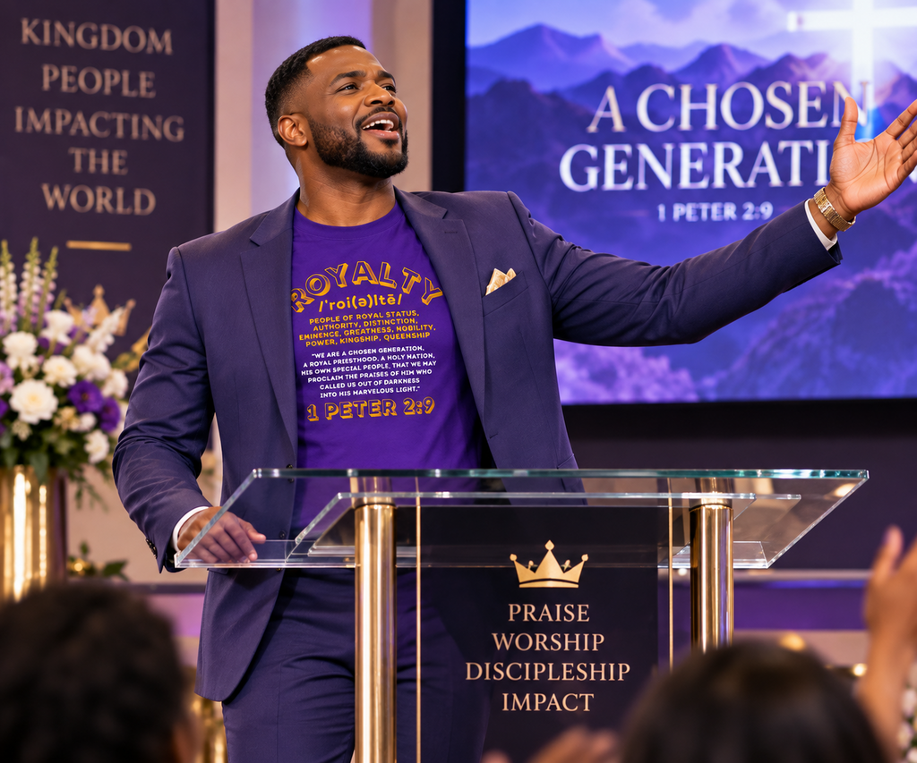 Man wearing the ROLKA Royalty Collection purple T-shirt with a suit while speaking at church