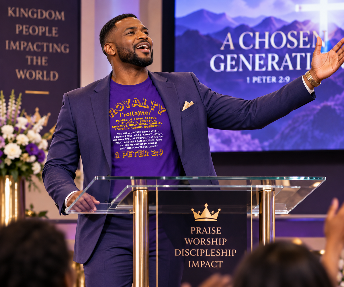 Man wearing the ROLKA Royalty Collection purple T-shirt with a suit while speaking at church