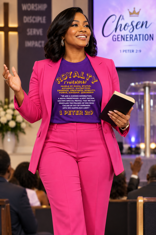 Woman wearing the ROLKA Royalty Collection purple T-shirt with a pink suit at church