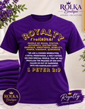 ROLKA Royalty Collection rich purple T-shirt with gold and white 1 Peter 2:9 design